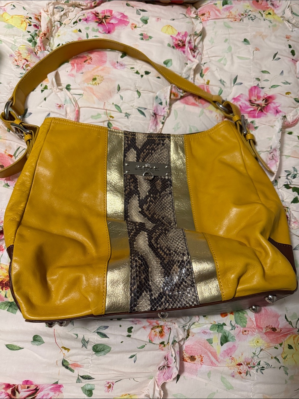 Yellow Leather Shoulder Bag with Snake-Print Accent